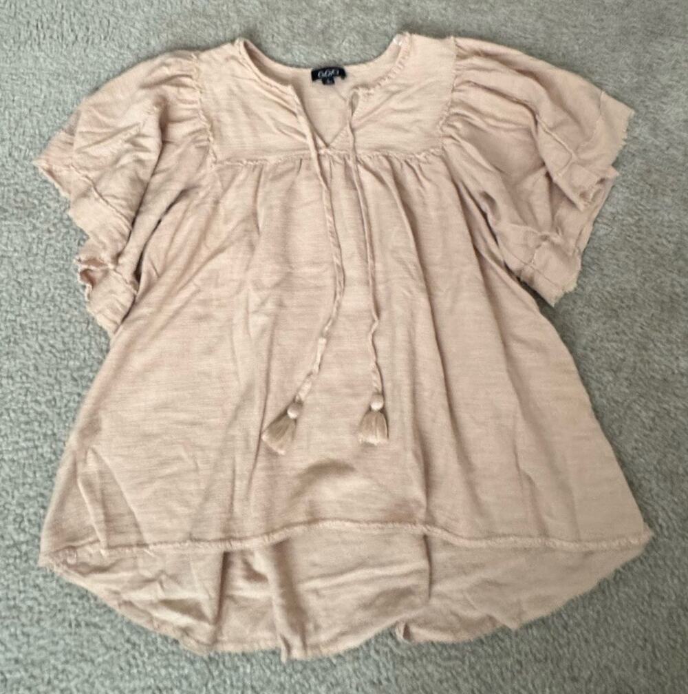 Gigi Womens Small Beige Cotton Peasant Blouse Boho Flutter Sleeve Tassel Top
